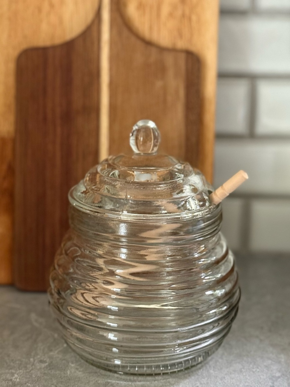 Glass Beehive Honey Dipper Jar